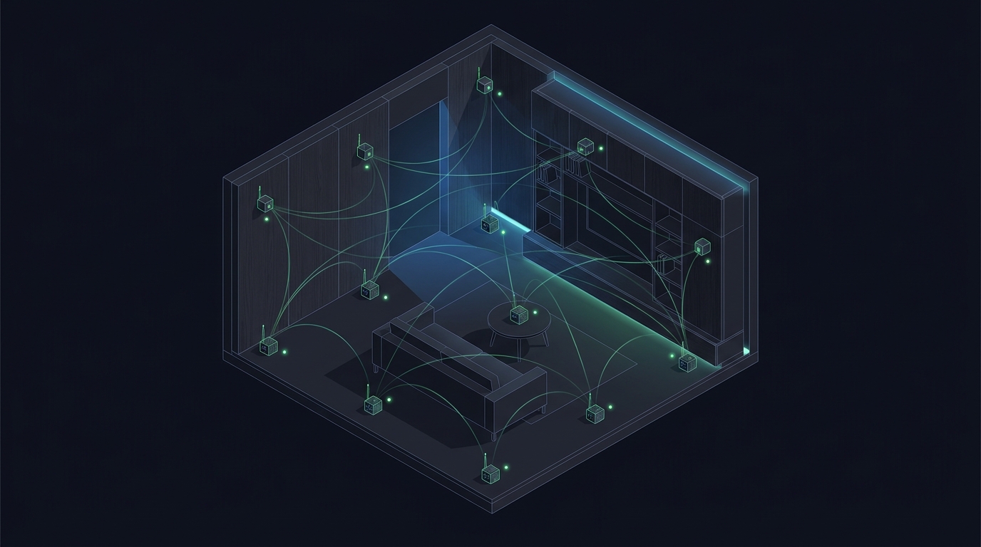 Small sensor nodes scattered around a room, connected by glowing wifi mesh arcs