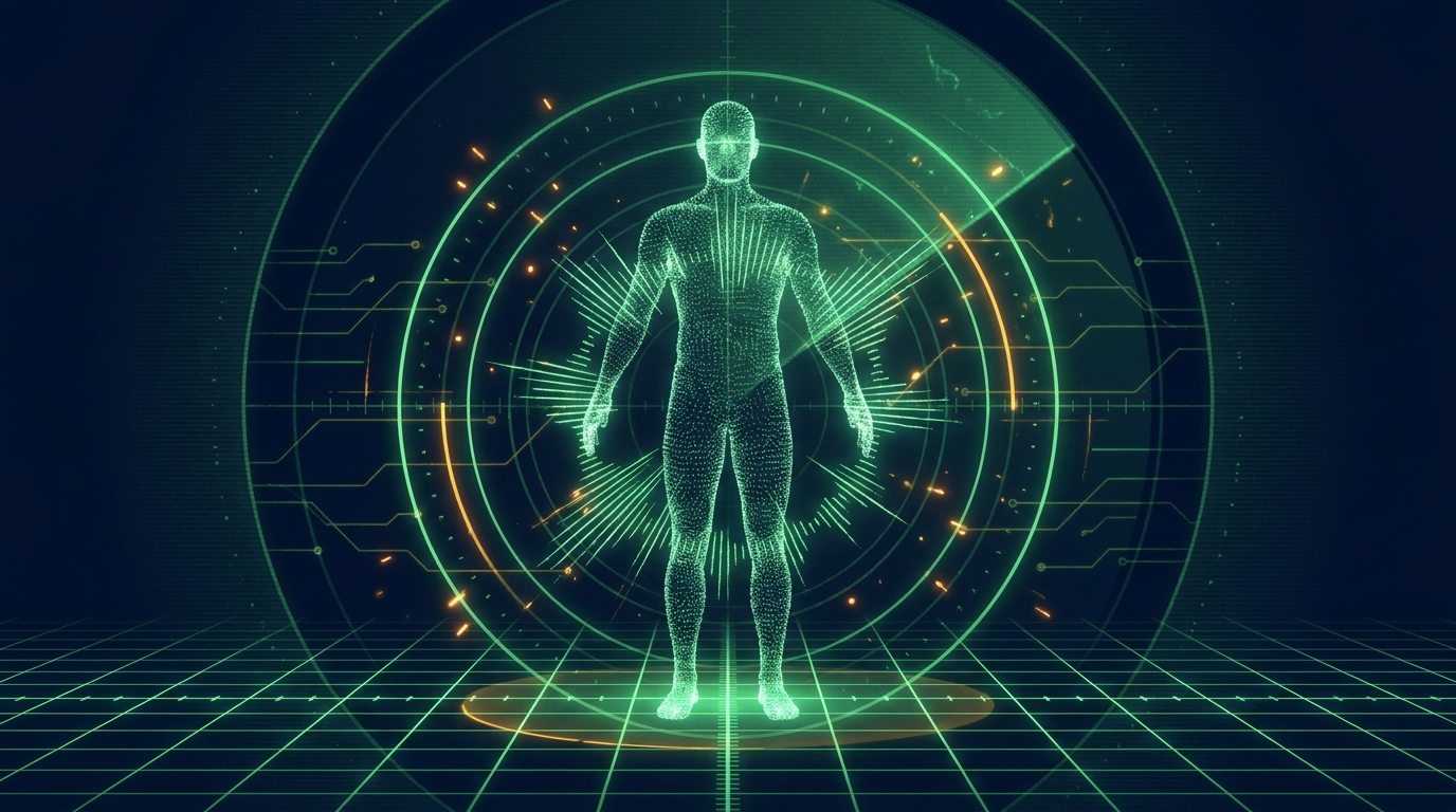 A human body sensed by invisible radio waves, reconstructed as a glowing point cloud